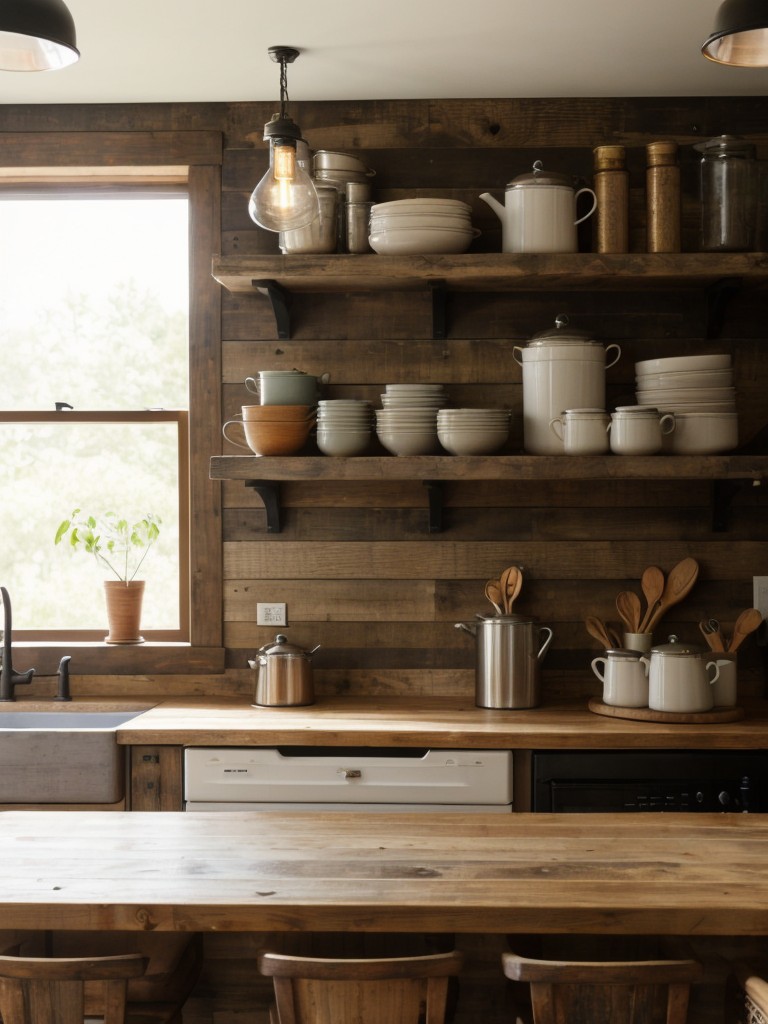 Rustic apartment kitchen island ideas with a weathered wood finish, open shelving for displaying cookbooks and pottery, and decorative pendant lights.