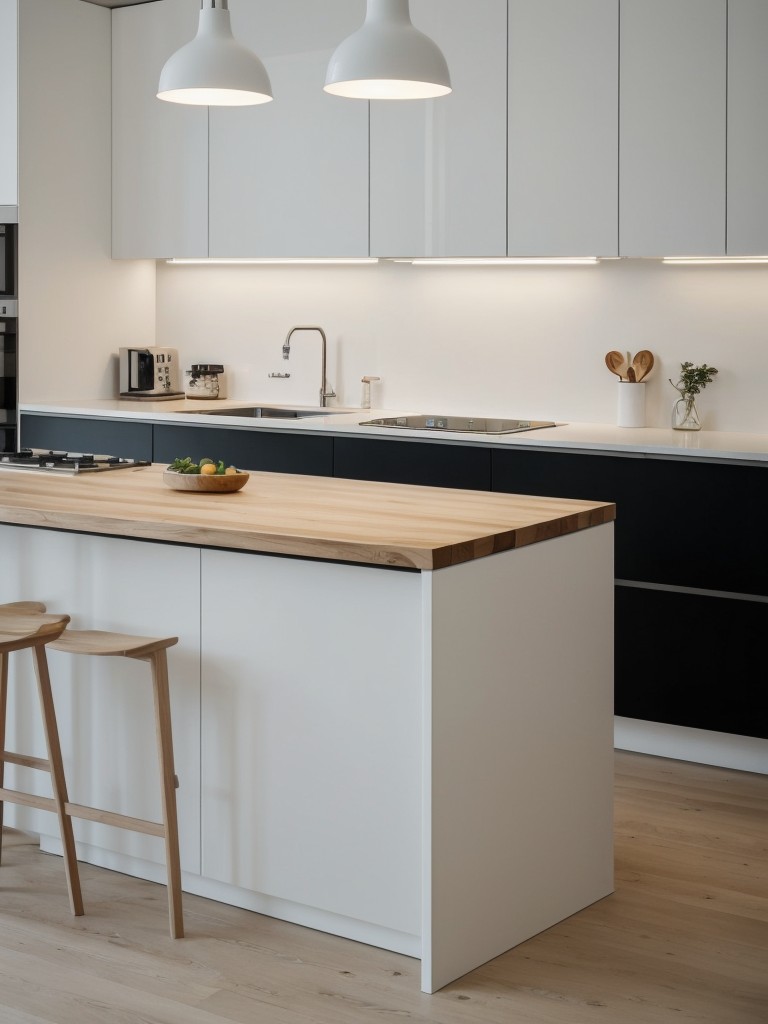 Scandinavian apartment kitchen island ideas with a minimalist design, clean lines, and a sleek white or light wood finish.