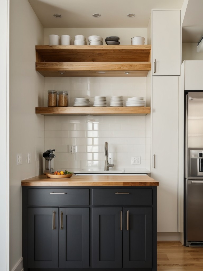 Small apartment kitchen island ideas to maximize counter space and storage, incorporating built-in shelves and cabinets.