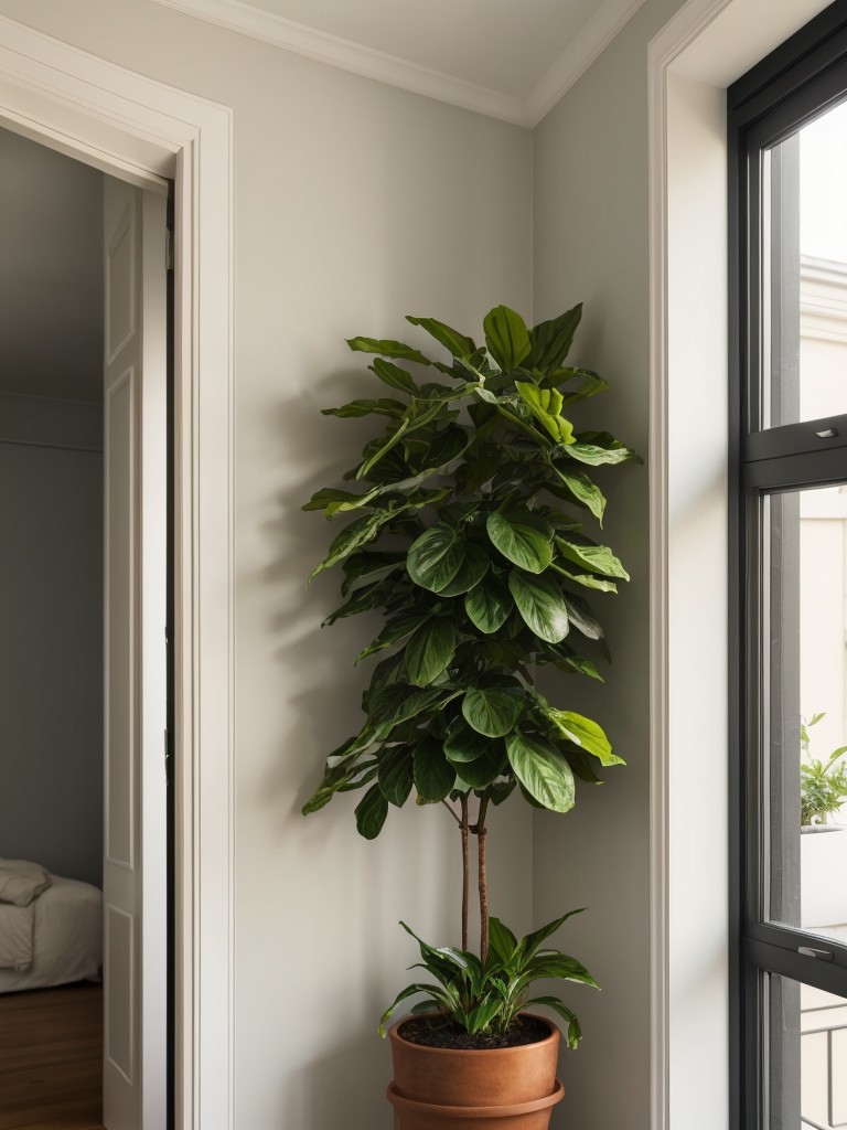 Add a touch of nature by placing potted plants in the corners of the L-shaped apartment to breathe life into the space.