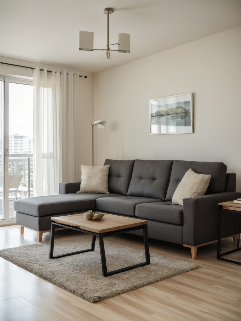 Consider using multifunctional furniture, such as a convertible sofa or folding table, to maximize the versatility in the L-shaped apartment.