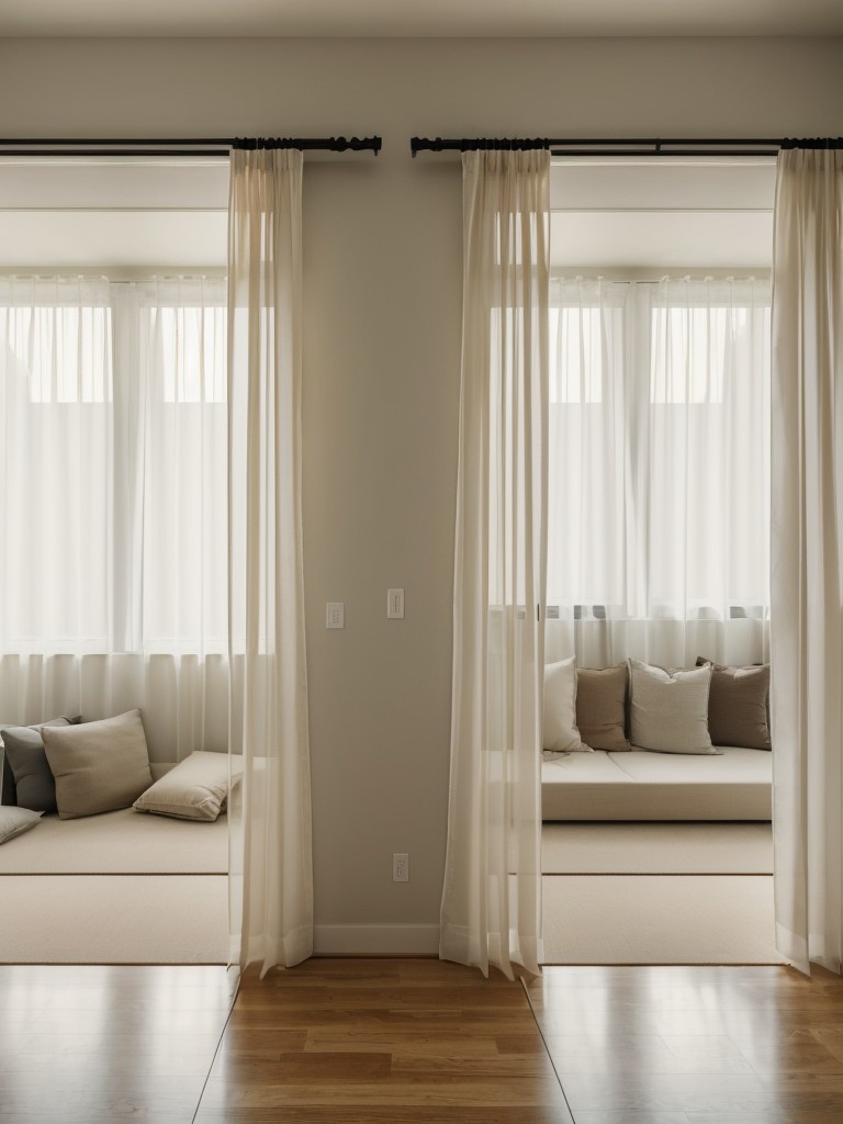 Create a sense of separation by using a room divider or curtains to delineate the living and sleeping areas in the L-shaped layout.