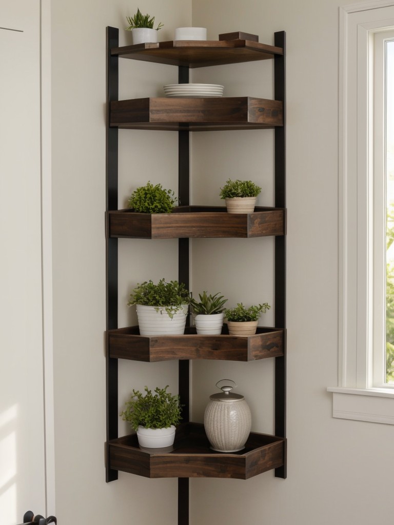 Floating shelves or hanging planters can be great storage solutions for small items and add visual interest to the corner in an L-shaped layout.