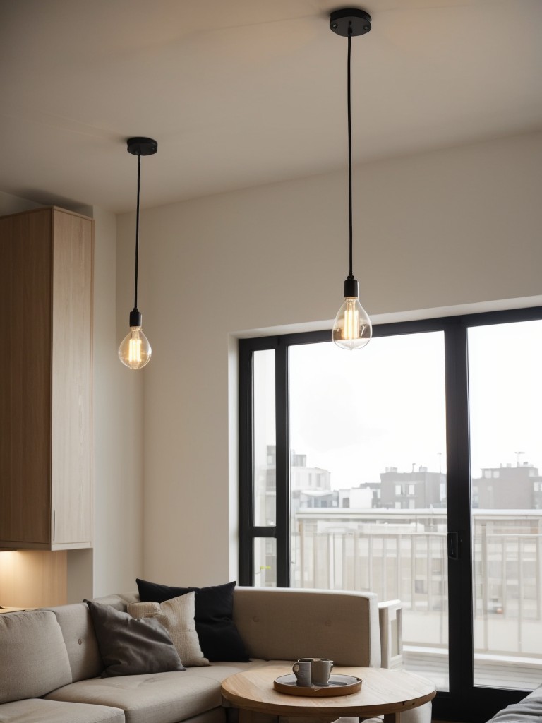 Install track lighting or pendant lights to create an ambient and task-oriented lighting scheme in the L-shaped apartment.