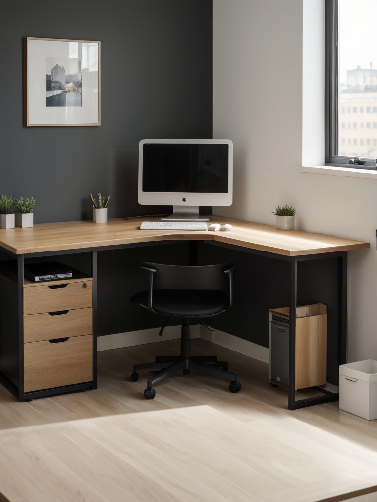 Place a small desk or workstation in the corner to maximize productivity in the L-shaped apartment.