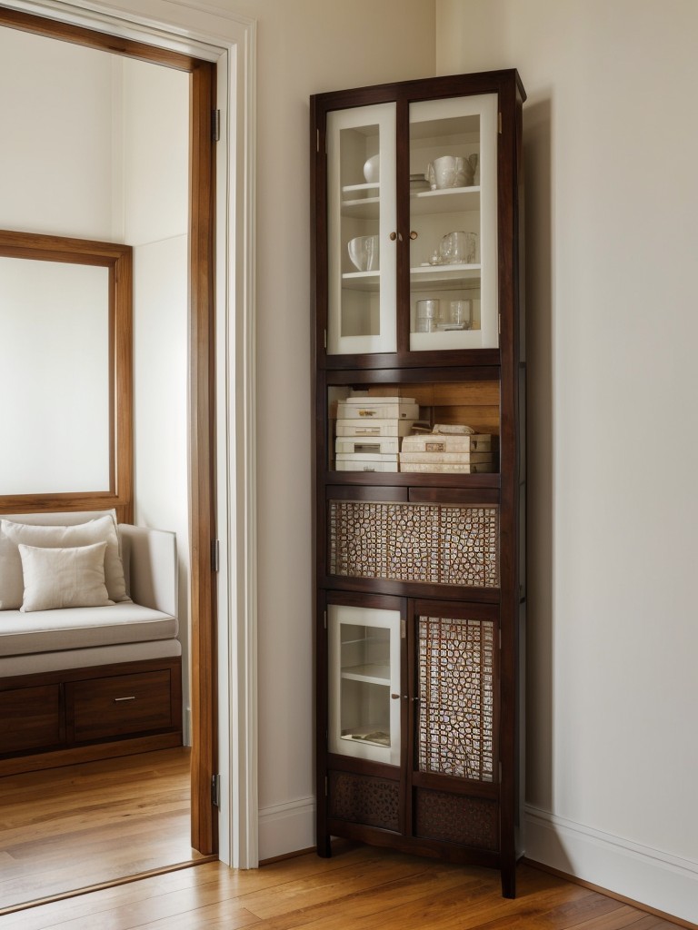 Use decorative screens in one of the corners to create a private dressing or storage area within the L-shaped apartment.