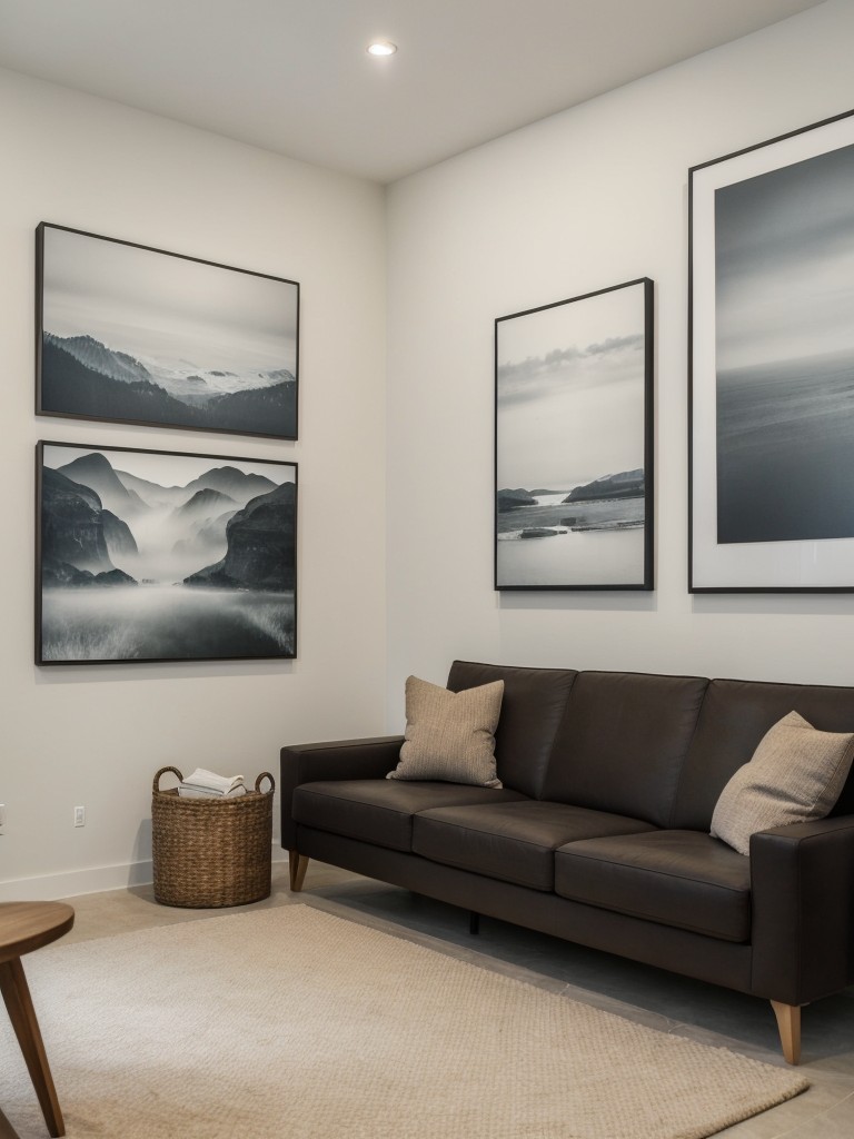 Use a large statement artwork or a gallery wall to visually anchor one of the longer walls in the L-shaped design.