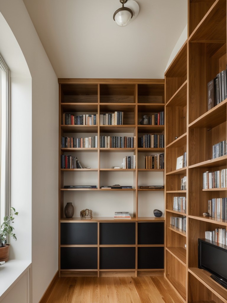 Utilize the vertical space by installing tall shelves or floor-to-ceiling bookcases in the corners of the L-shaped apartment.