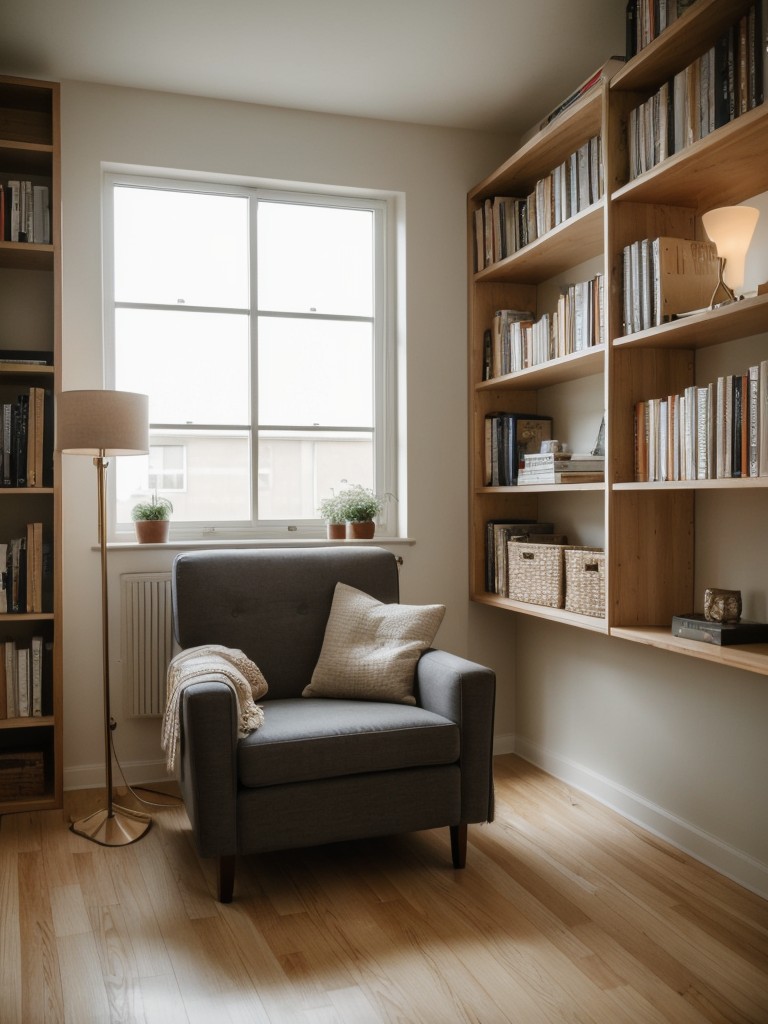 Creating a cozy reading nook in an L-shaped studio apartment with a comfortable armchair, task lighting, and a wall-mounted bookshelf.