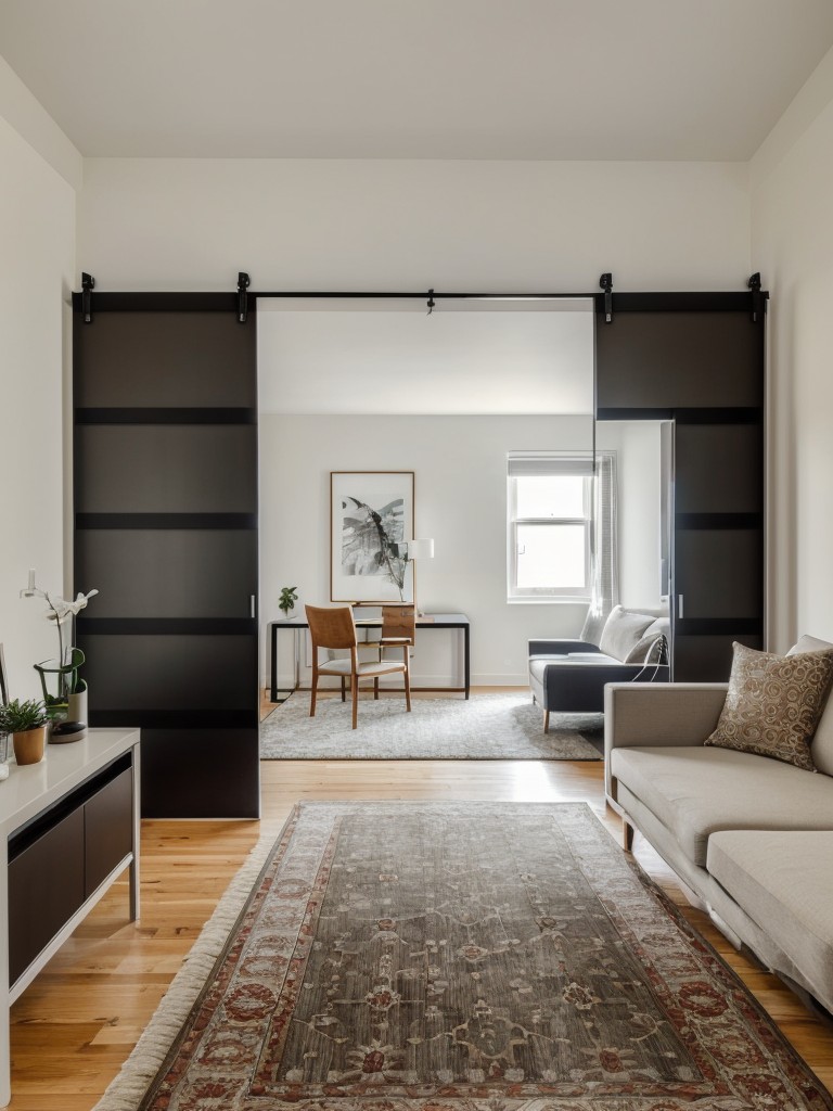 Creating distinct areas within an L-shaped studio apartment using room dividers, rugs, and strategic furniture placement.