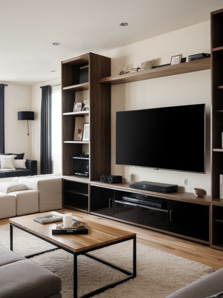 Creating a stylish entertainment area in an L-shaped studio apartment with a wall-mounted TV, cozy seating, and smart storage for media.