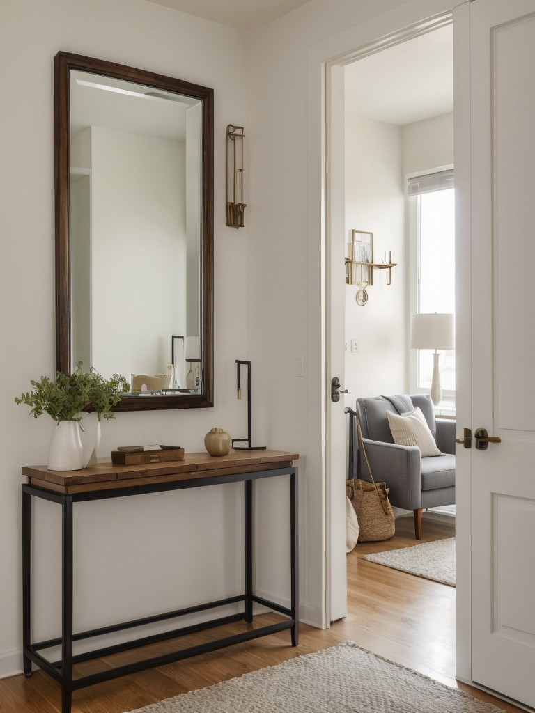 Designing a welcoming entryway in an L-shaped studio apartment with a small console table, hooks for keys and bags, and a statement mirror.