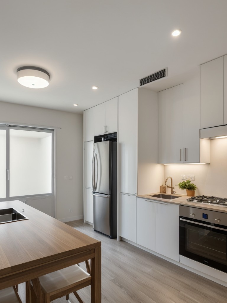 Enhancing the functionality of an L-shaped studio apartment with smart home technology, including voice-controlled lighting, appliances, and temperature control.