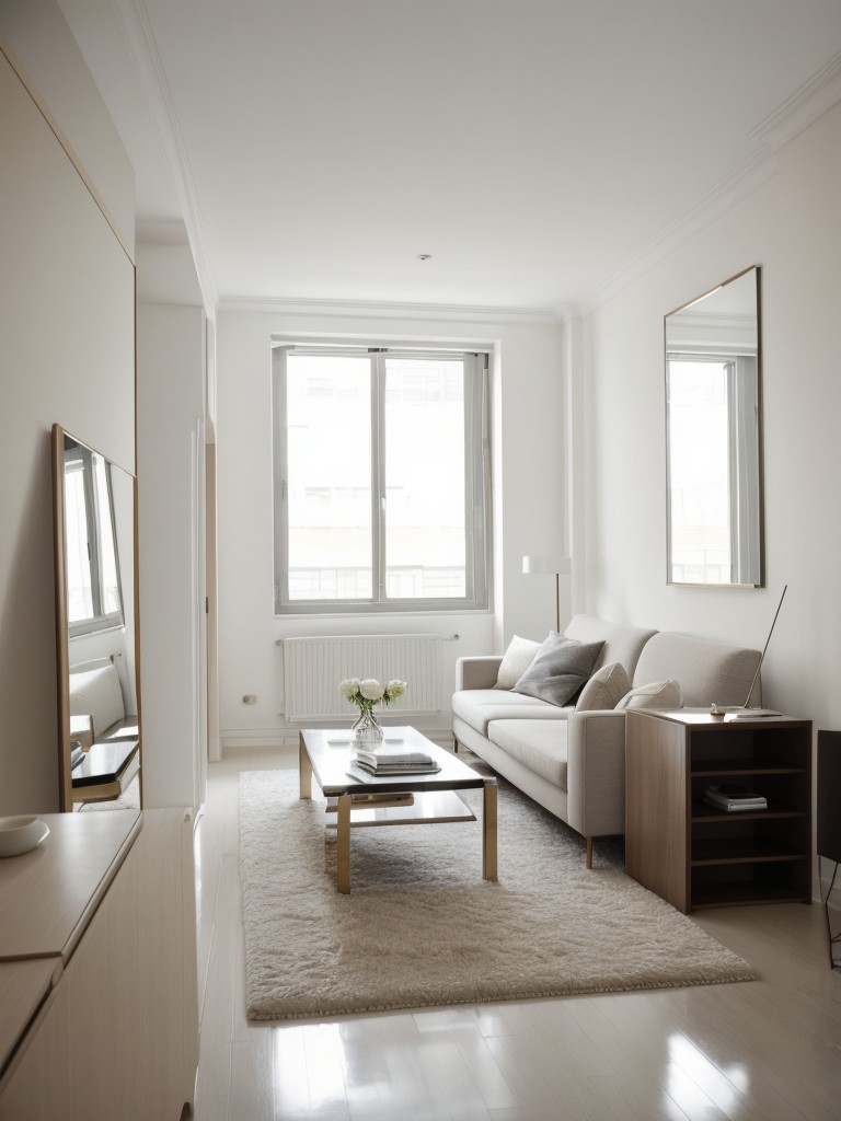 Enhancing the illusion of space in an L-shaped studio apartment with large mirrors, light-colored furniture, and minimal clutter.
