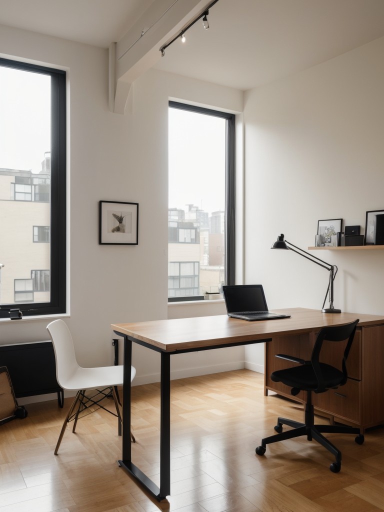 Incorporating a functional work area into an L-shaped studio apartment with a compact desk, ergonomic chair, and proper lighting.