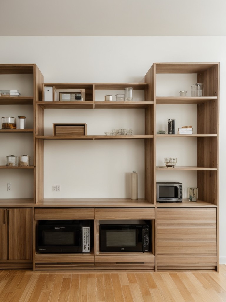 Incorporating smart storage solutions in an L-shaped studio apartment, such as modular shelving, hidden compartments, and creative organization systems.