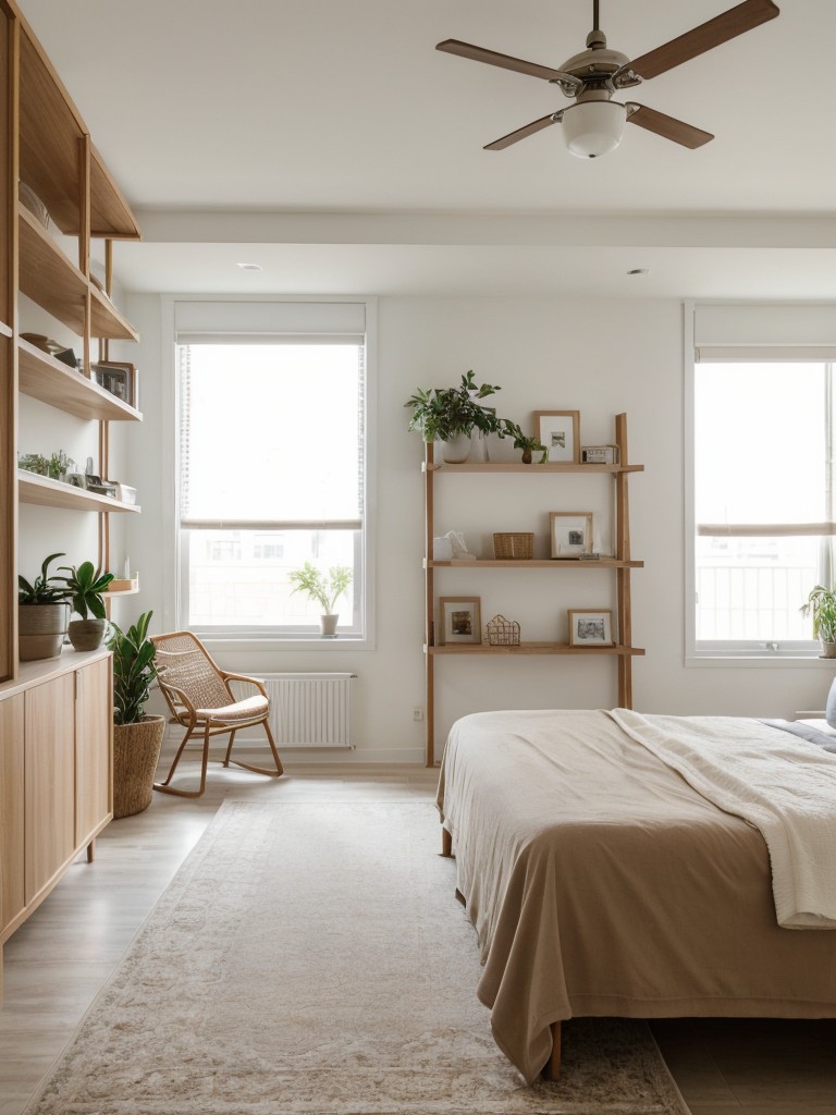 Maximizing natural light in an L-shaped studio apartment with strategically placed mirrors, light-colored window treatments, and open shelving.