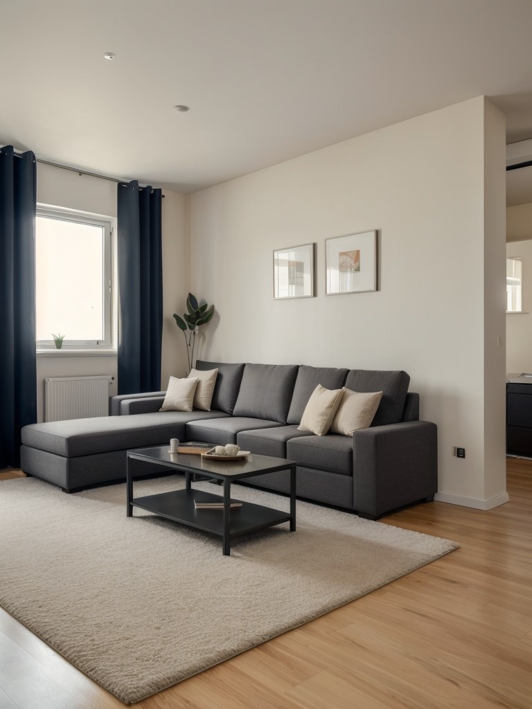 Maximizing seating options in an L-shaped studio apartment with a multifunctional sofa, ottomans, and folding chairs that can be stored when not in use.