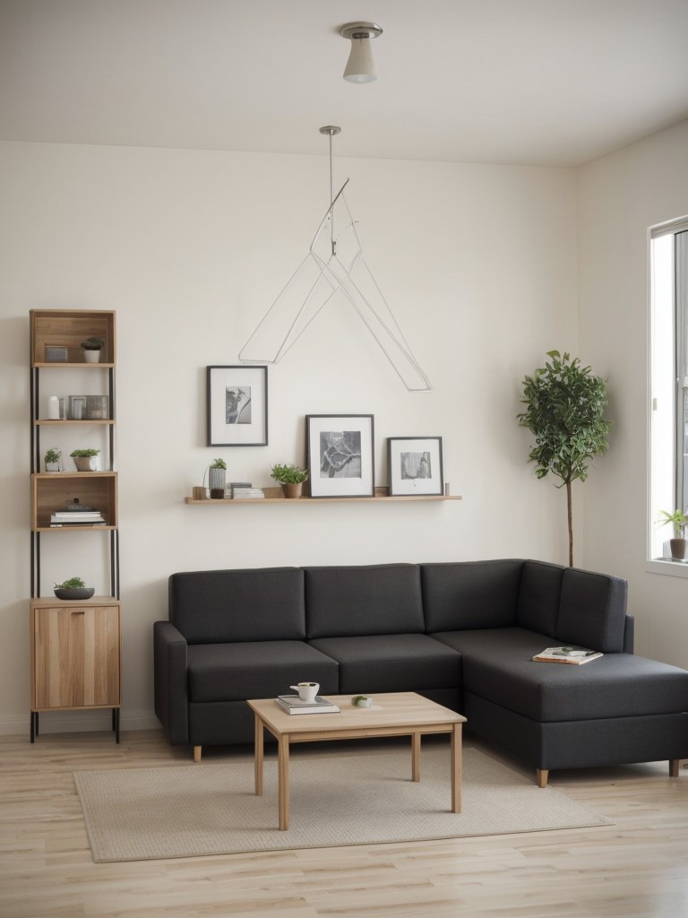 Space-saving solutions for an L-shaped studio apartment, including wall-mounted storage, foldable furniture, and multipurpose decor.