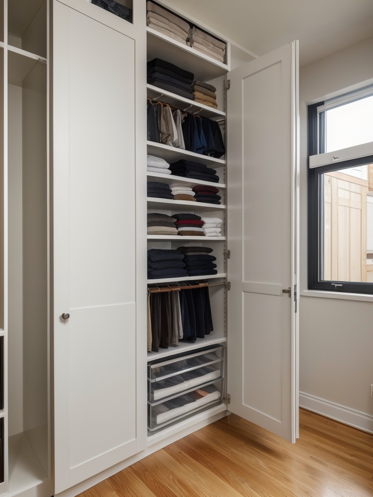 Utilizing built-in storage options in an L-shaped studio apartment, such as custom closets, hidden compartments, and under-bed storage.