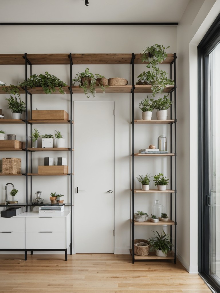 Utilizing vertical space in an L-shaped studio apartment with high shelves, hanging plants, and wall-mounted storage units.