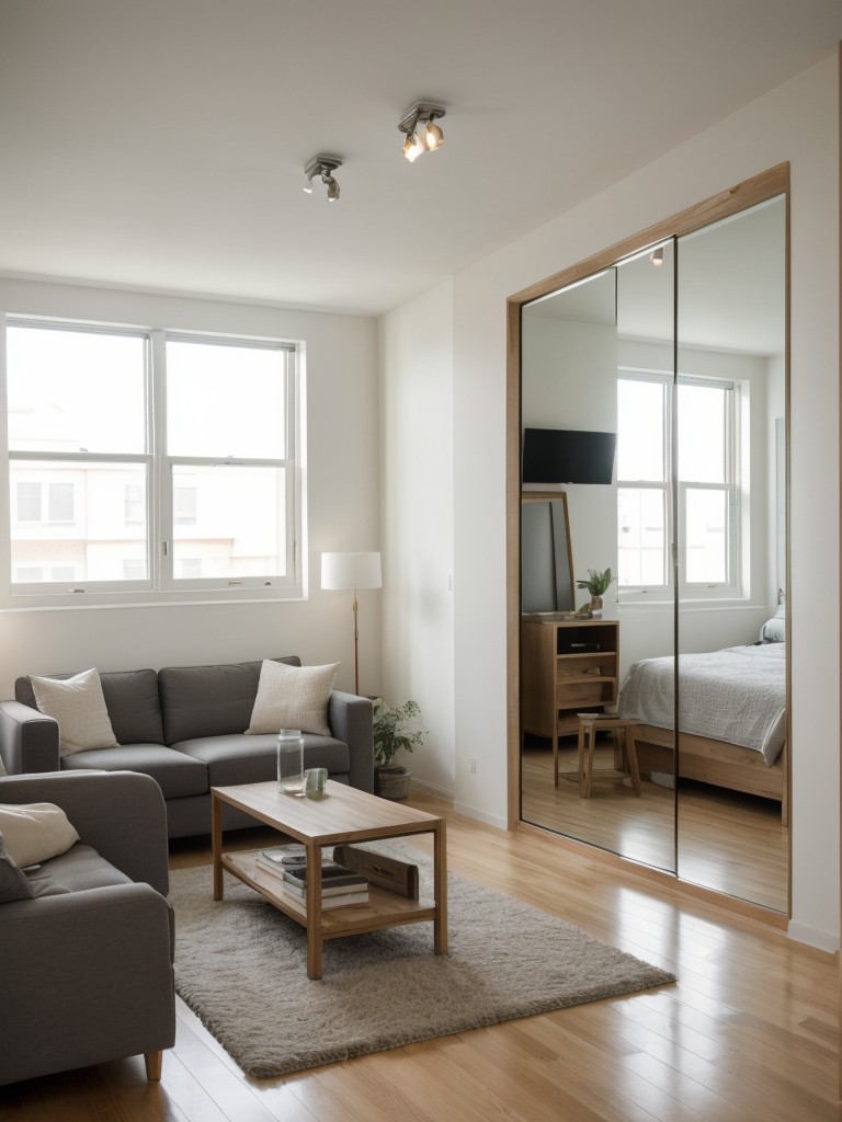 Adding mirrors strategically to visually expand the space and enhance natural light in an L-shaped studio apartment.