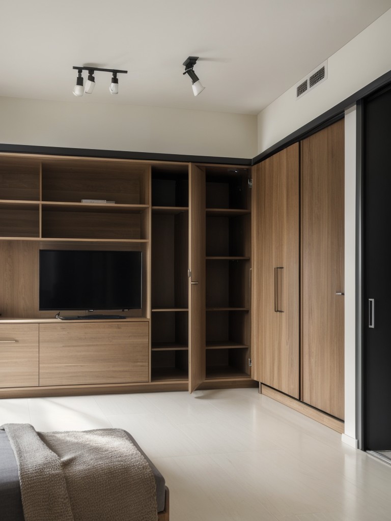 Balancing open and closed storage options to maintain visual order and maximize storage capacity in an L-shaped studio apartment.