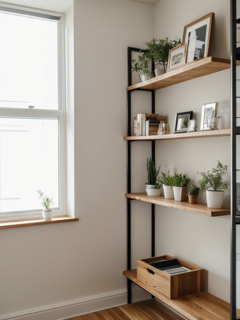 Incorporating open shelving and floating shelves to display personal belongings and decorate walls in an L-shaped studio apartment.
