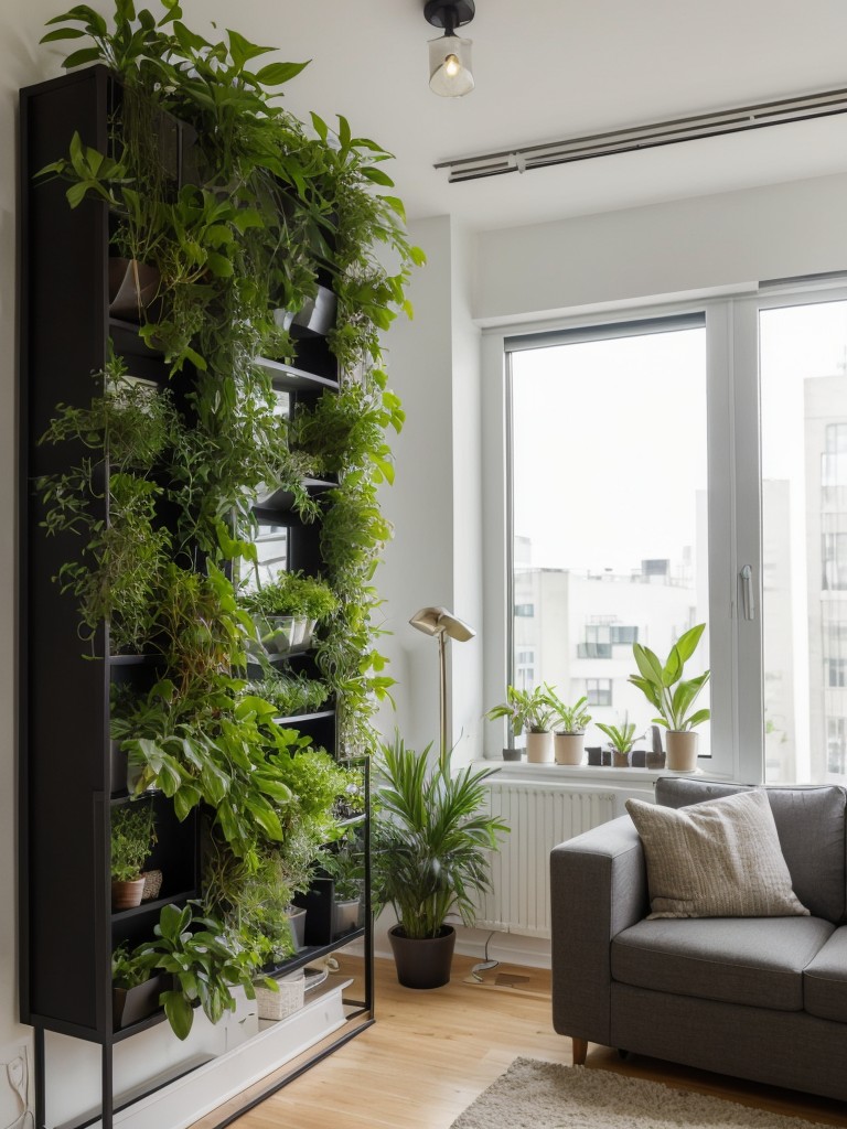Integrating vertical gardens or indoor plants to bring nature indoors and add a touch of freshness in an L-shaped studio apartment.