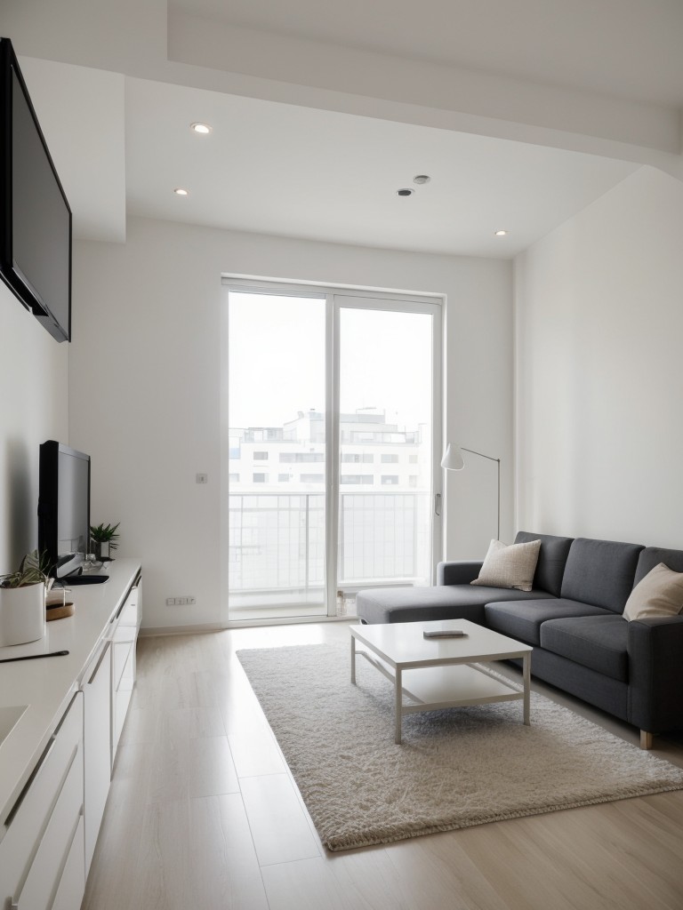Opting for a minimalist design approach with clean lines and clutter-free surfaces in an L-shaped studio apartment.