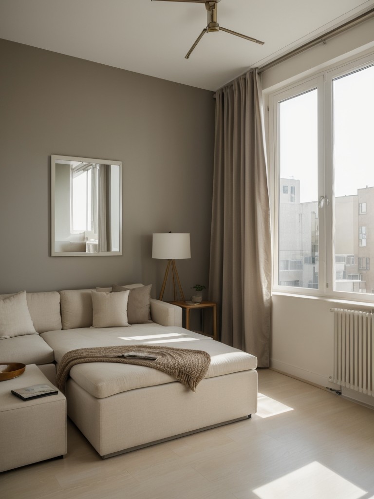 Using light and neutral color schemes to create a sense of openness and brightness in an L-shaped studio apartment.