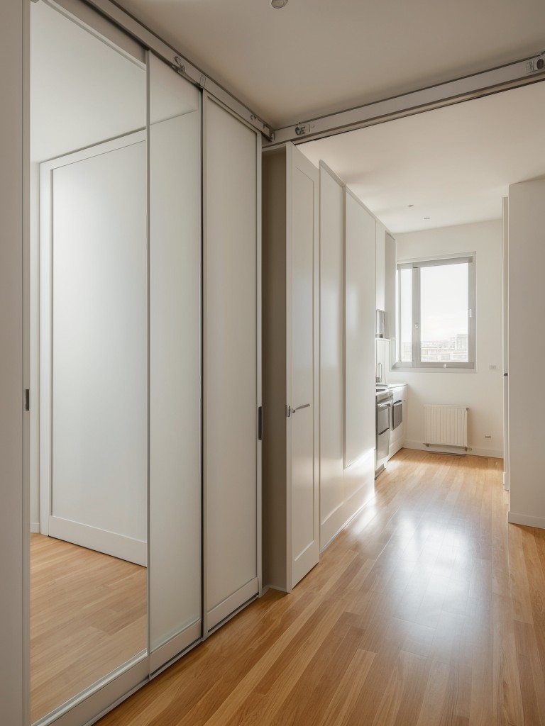 Using sliding or pocket doors to conserve space and provide privacy in an L-shaped studio apartment.