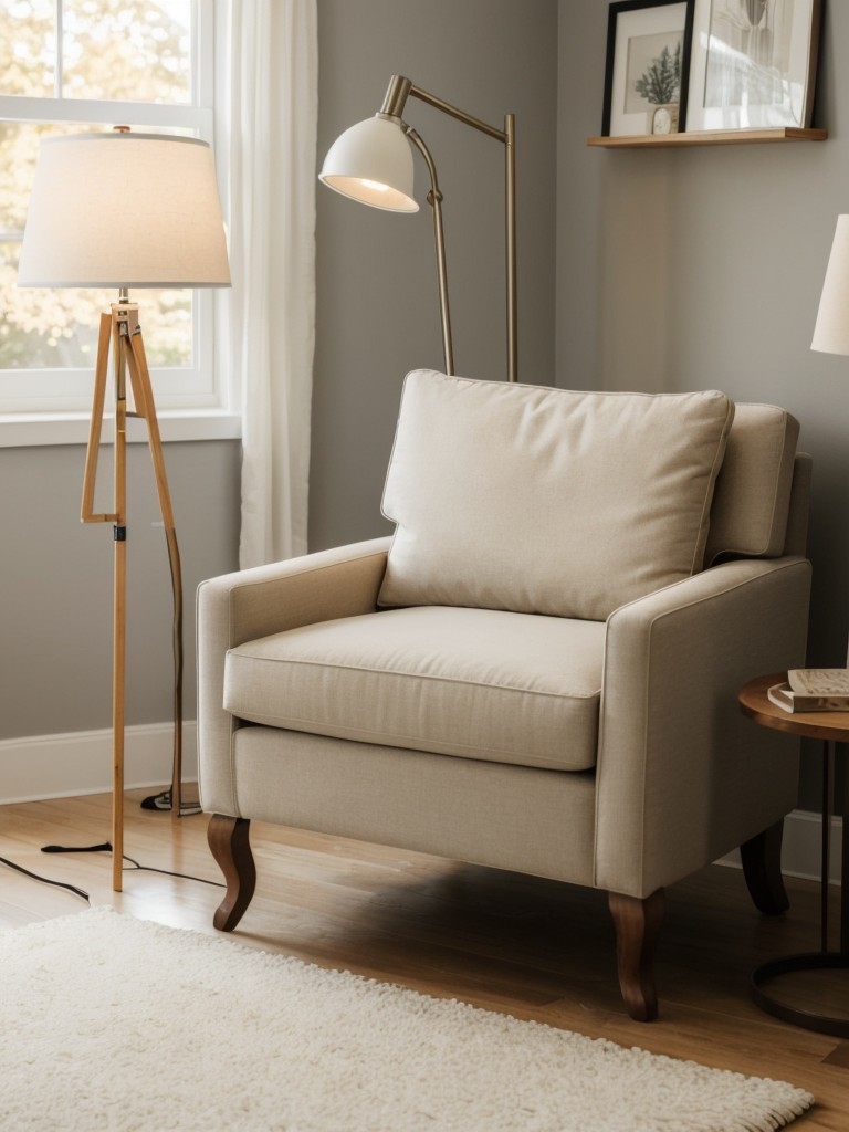 Create a cozy reading nook in the corner of the L-shape with a comfortable chair, floor lamp, and a small side table.