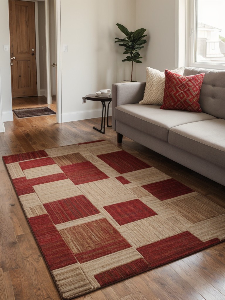 Define the different functional areas within the L-shape using rugs or floor mats in coordinating colors and patterns.