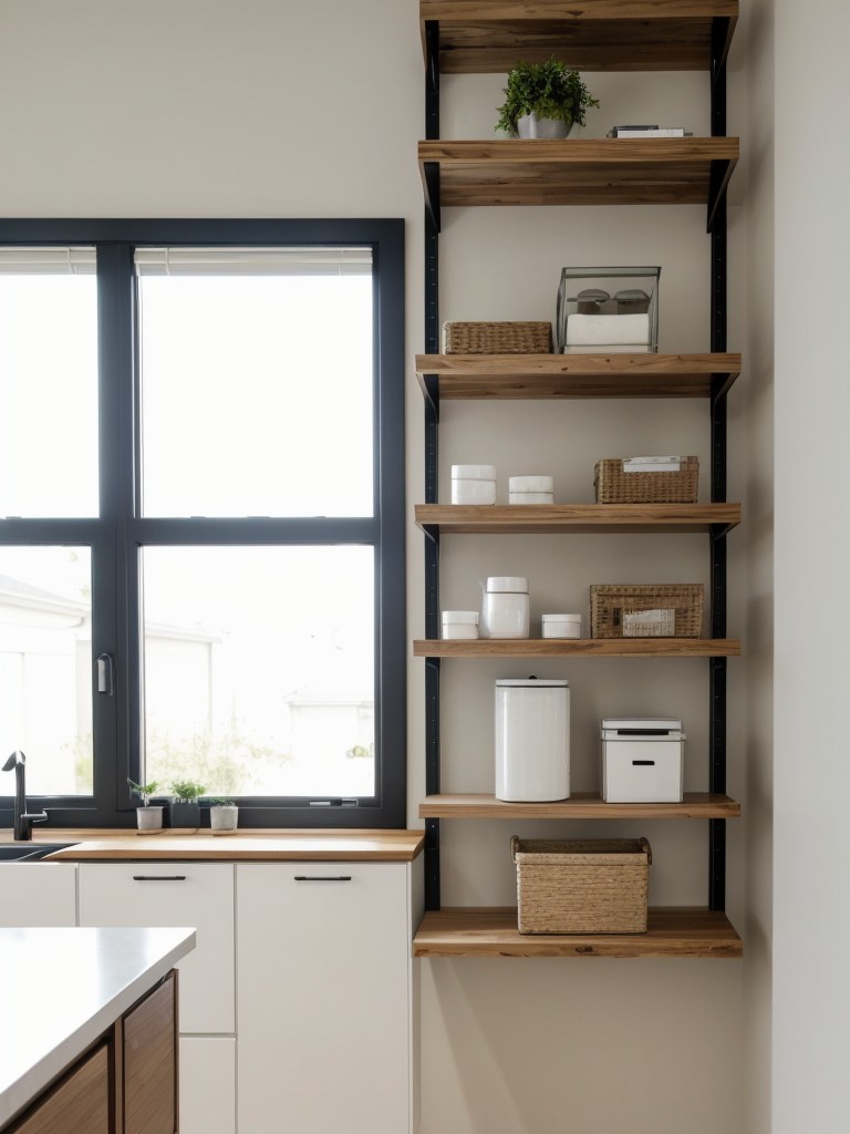 Install floating shelves or wall-mounted storage units to maximize vertical space and keep the floor area clutter-free.