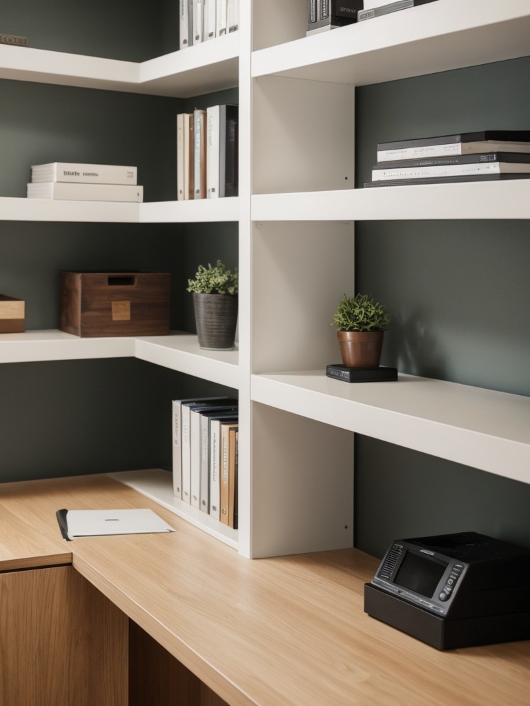 Utilize the corners of the L-shape by incorporating built-in shelves or a compact desk area for a home office setup.