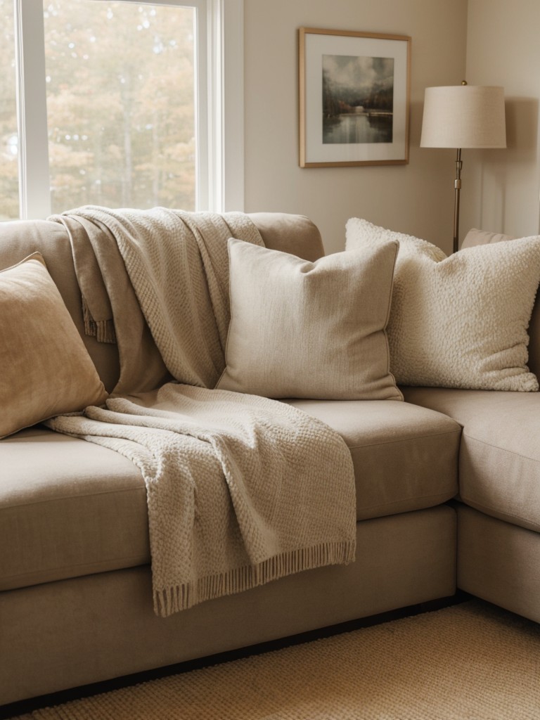 Create a cozy atmosphere with soft and warm color palette, plush furniture, and plenty of throw pillows and blankets.