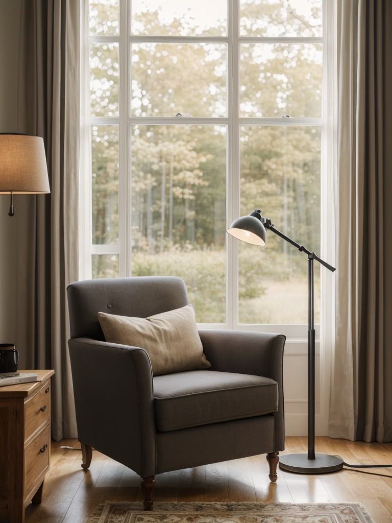 Create a cozy reading corner by placing a comfortable armchair near a window, accompanied by a side table and a cozy floor lamp for late-night reading sessions.