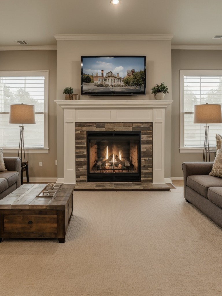 Create a focal point in the room with a cozy fireplace or a large TV with a comfortable seating arrangement around it.