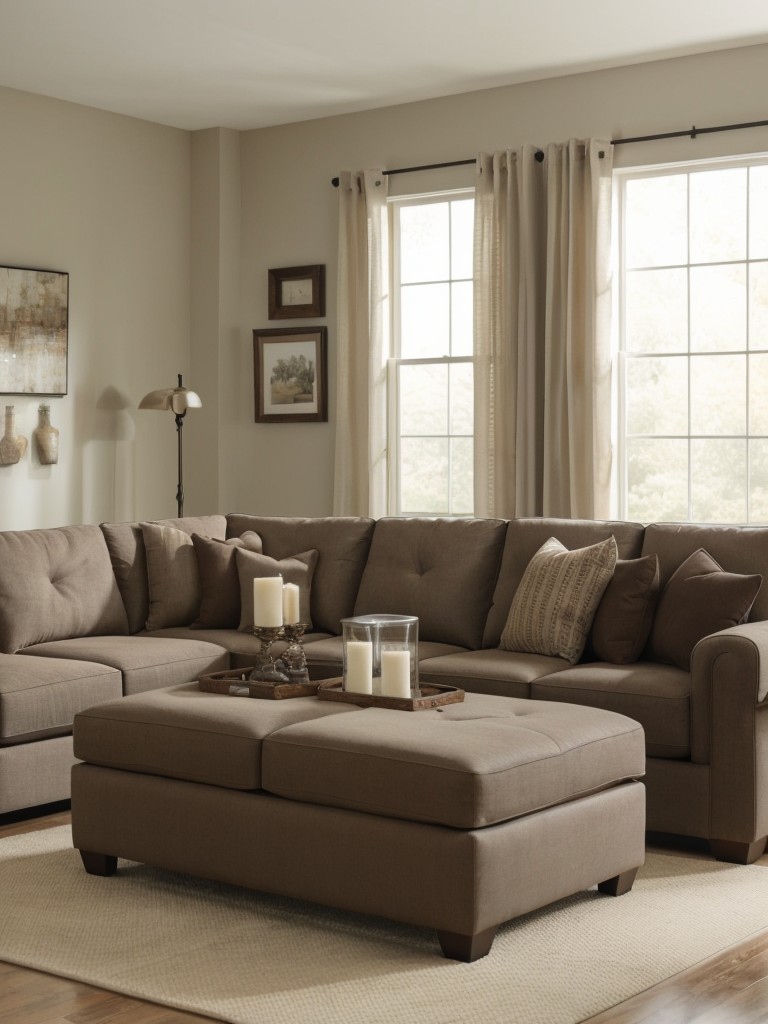 Create an intimate seating arrangement with a cozy sectional or loveseat paired with a coffee table or ottoman for a warm and inviting conversation area.