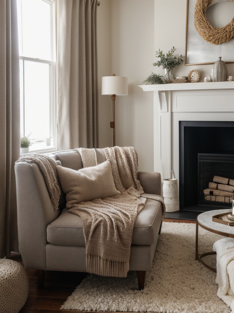 Embrace a mix of textures with cozy rugs, knit or faux fur throws, and soft curtains for a snug and inviting living room.