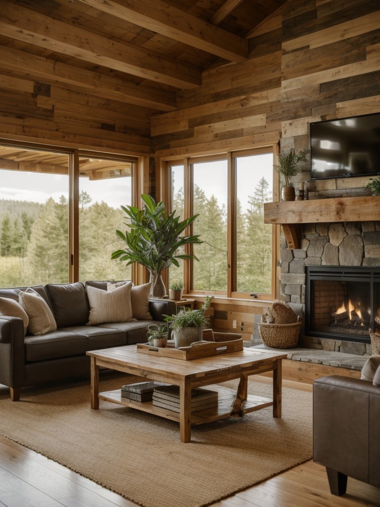 Incorporate natural elements like wooden accents, plants, and a fireplace to add warmth and charm to the living room.