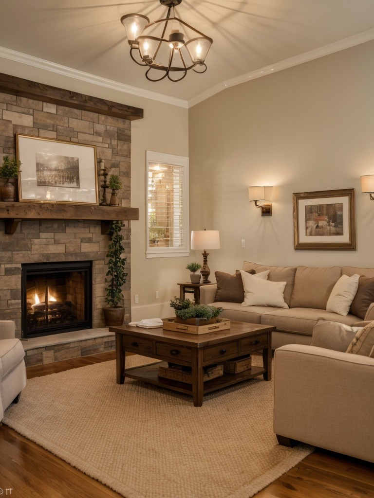 Incorporate warm lighting fixtures like sconces or string lights to create a soft glow and cozy atmosphere in the living room.