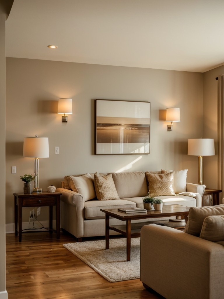 Install ambient lighting options, such as warm-toned floor or table lamps, to create a cozy and welcoming atmosphere in the living room.