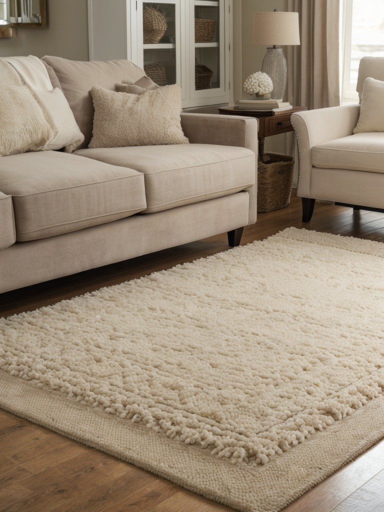 Opt for plush, high-pile rugs to add warmth and a sense of coziness under your feet and to create visual interest in your living room.