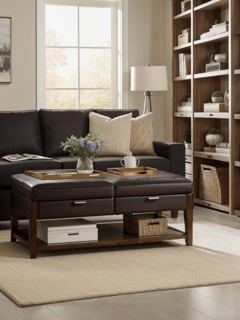 Optimize space by utilizing multi-functional furniture like storage ottomans or coffee tables with built-in shelving.