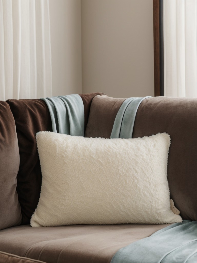 Use a variety of different throw pillows and blankets in soft fabrics like velvet or fleece to add texture and warmth to the living room.