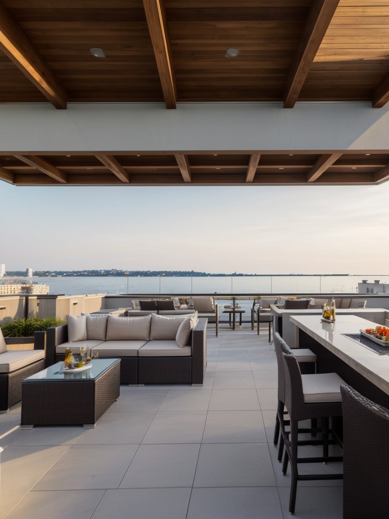 Design a rooftop terrace with seating areas, outdoor kitchens, and panoramic views to provide residents with a luxurious and unique outdoor experience.