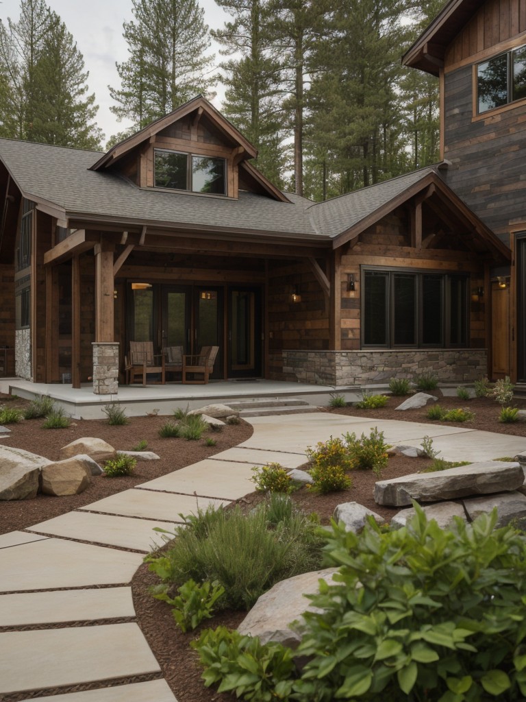 Incorporate natural elements like rocks, boulders, and wood to add texture and create a harmonious connection between the building and its surroundings.