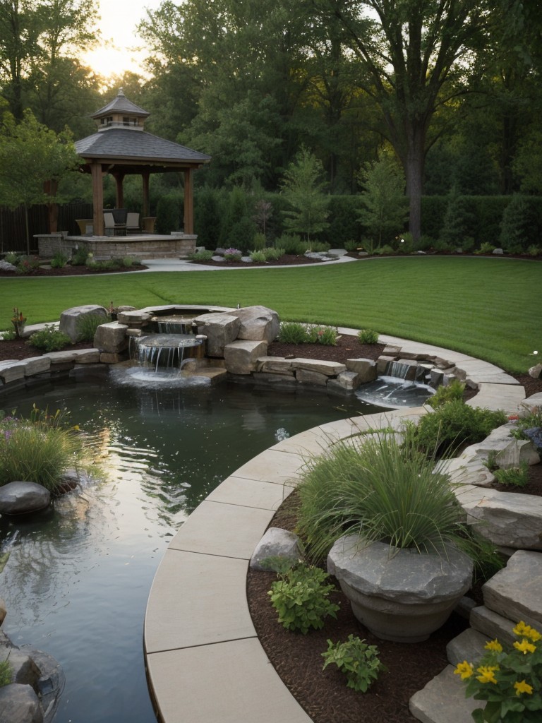 Install water features such as fountains or small ponds to add a calming element to the landscape design.